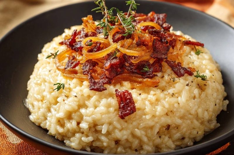 Cremiges Risotto mit knusprigem Speck & karamellisierten Zwiebeln