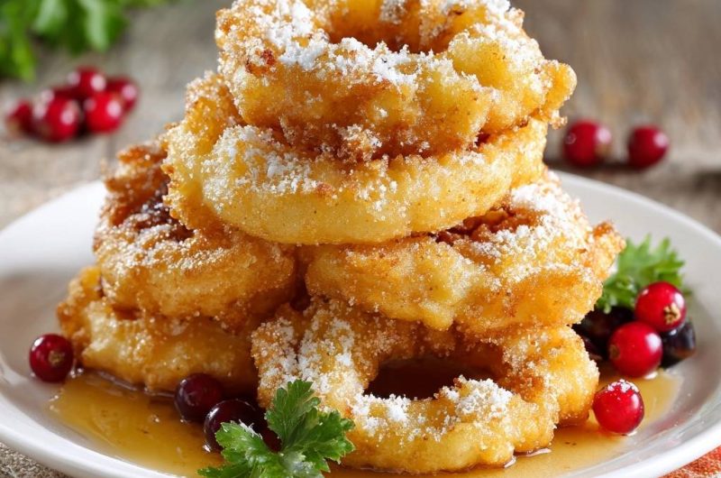 Fluffige Ring-Donuts mit Puderzucker & Cranberry-Sirup