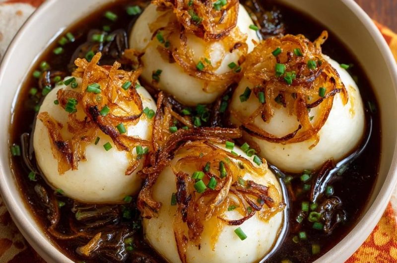 Kartoffelklöße in cremiger Zwiebelsoße