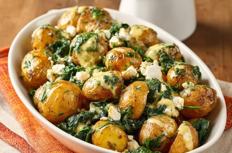 Knusprige Babykartoffeln mit Spinat, Feta und Senfsoße