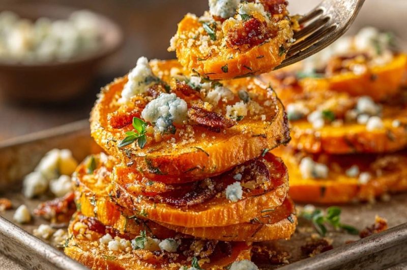 Knusprige Ofensüßkartoffelscheiben mit Speck & Blauschimmelkäse