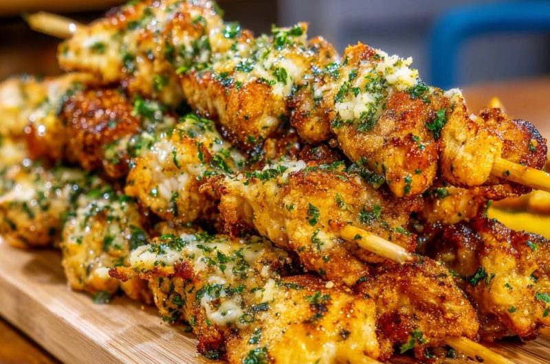 Knusprige Parmesan-Petersilie-Hähnchenspieße (Nie wieder abfallende Panade!)