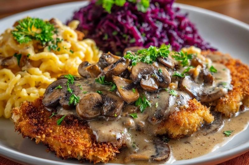 Knuspriges Hähnchenschnitzel mit Pilzrahmsauce, Spätzle & Rotkohl