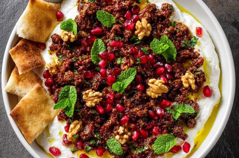 Labneh mit gewürztem Hack, Granatapfelkernen & Walnüssen