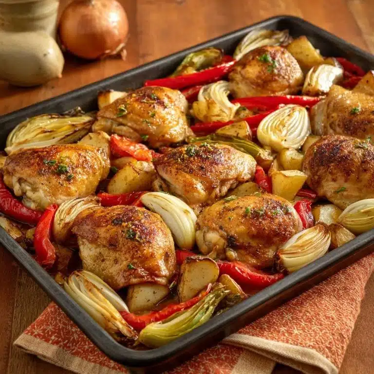 Ofen-Hähnchenschenkel mit Paprika, Kartoffeln und Fenchel