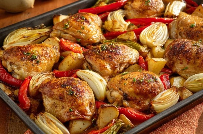 Ofen-Hähnchenschenkel mit Paprika, Kartoffeln und Fenchel (Nie wieder trockenes Hähnchen!)