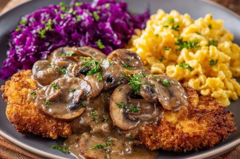 Wiener Schnitzel mit Pilzrahmsoße, Spätzle & Rotkohl
