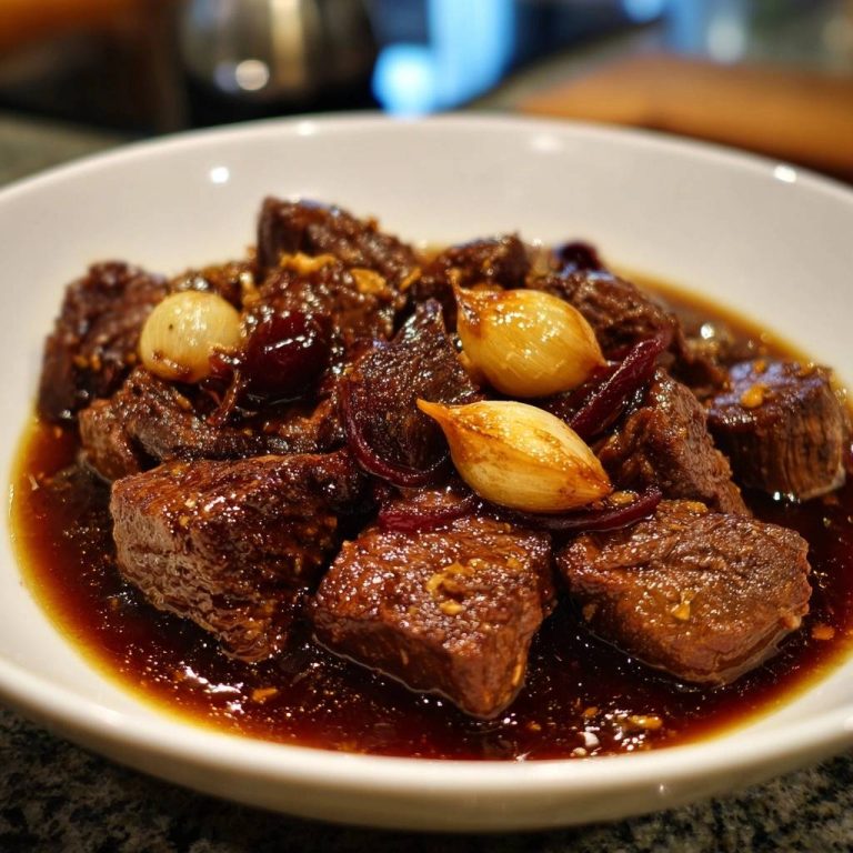 Zartes Rindfleisch mit ganzen Knoblauchzehen und roten Zwiebeln