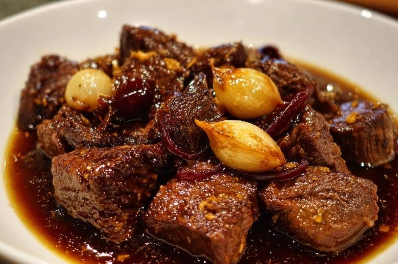 Zartes Rindfleisch mit ganzen Knoblauchzehen und roten Zwiebeln