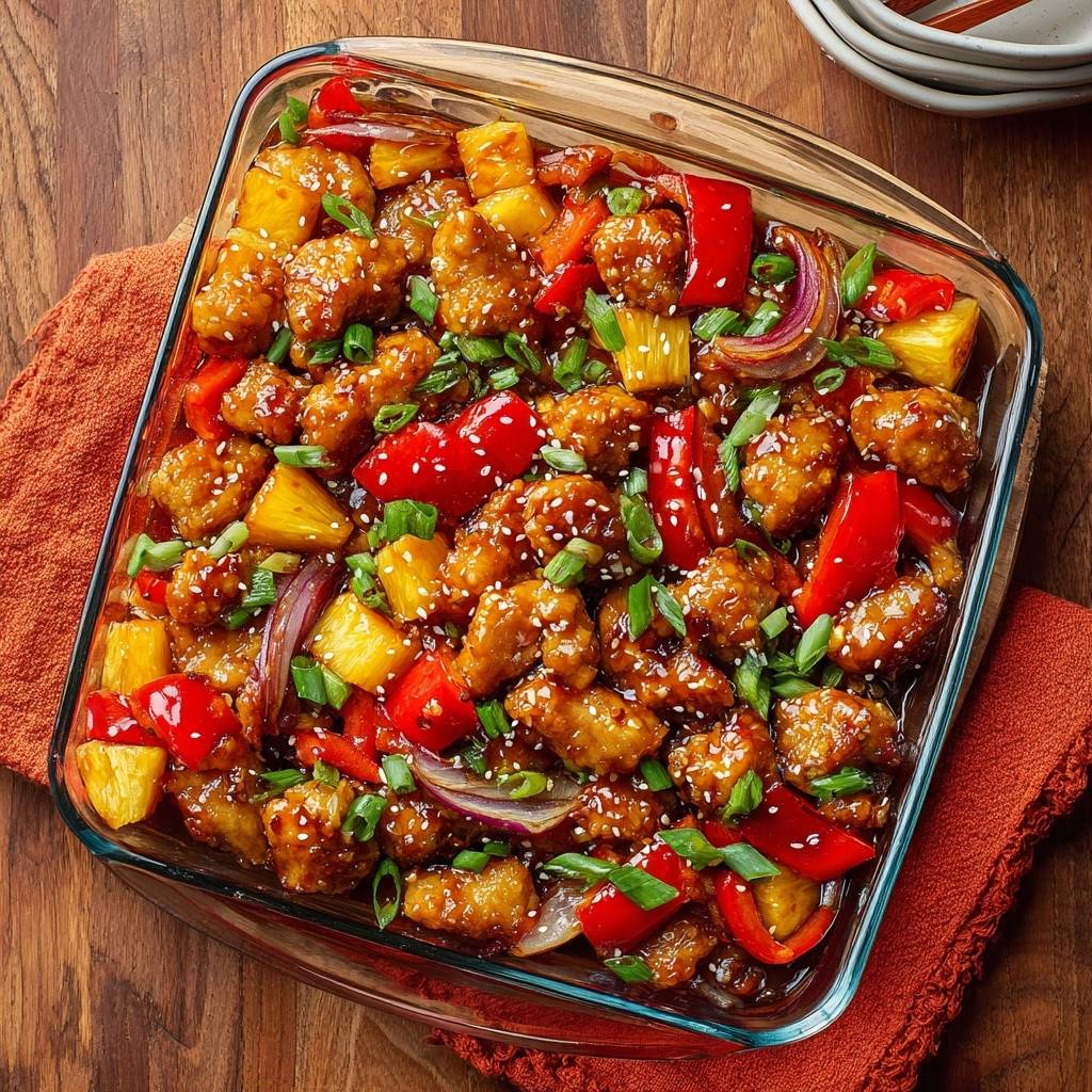 Knuspriges Ananas-Hähnchen mit Paprika, serviert in einer transparenten Auflaufform auf einem Holztisch mit orangefarbenem Tuch.