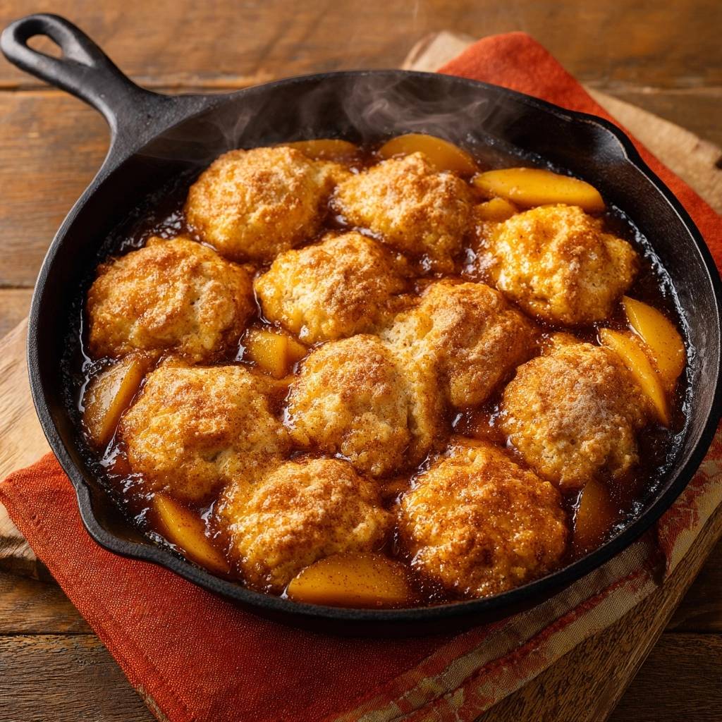 Apfel-Cobbler aus der Gusseisenpfanne, frisch gebacken und dampfend, mit goldenen Teigklößen und saftigen Apfelstücken.