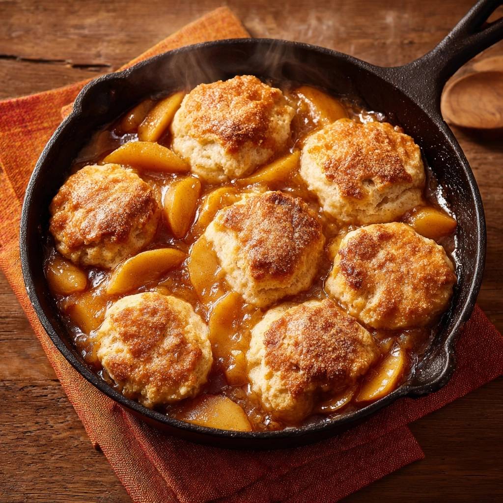 Apfel-Cobbler aus der Gusseisenpfanne, frisch gebacken mit dampfenden Keksen und saftigen Apfelstücken.