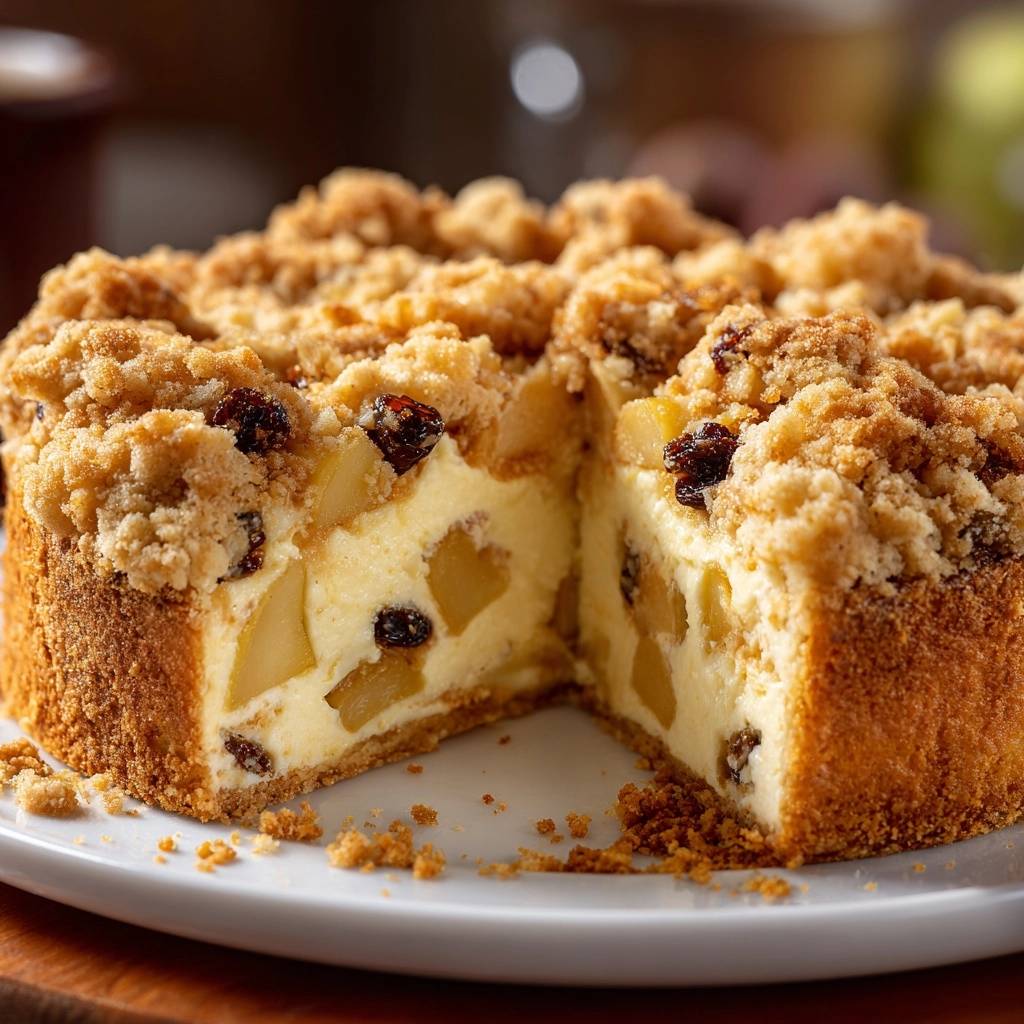 Apfel-Quark-Streuselkuchen angeschnitten, der die cremige Füllung mit Apfelstücken und Rosinen zeigt.
