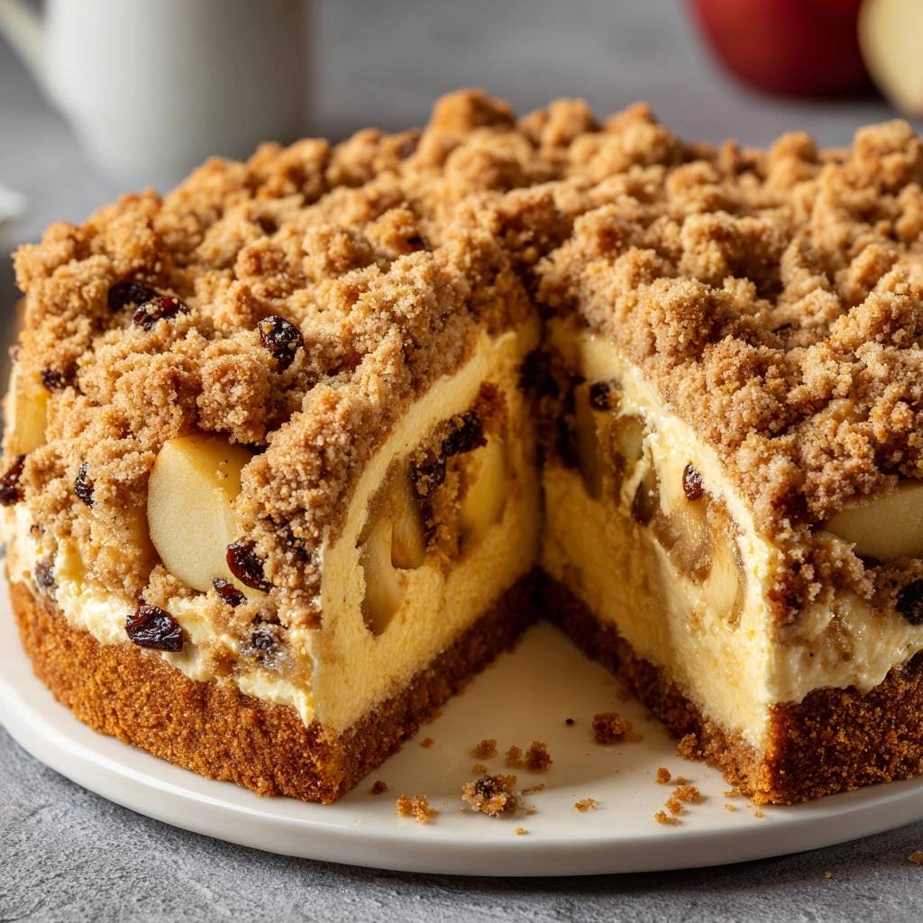 Apfel-Quark-Streuselkuchen angeschnitten mit einem Stück herausgenommen, das die Füllung zeigt