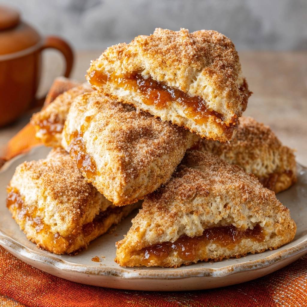 Aprikosen-Zimt-Scones angeschnitten, die Füllung und die Textur des Gebäcks sind gut sichtbar.