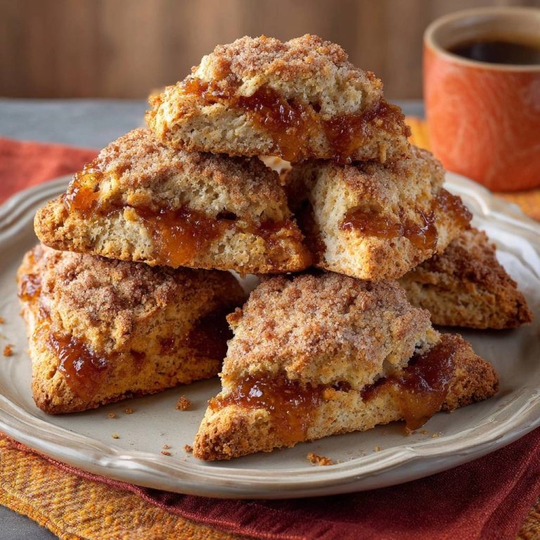 Aprikosen-Zimt-Scones, gestapelt auf einem Teller mit einem Becher Kaffee im Hintergrund, zeigen ihre saftige Füllung.