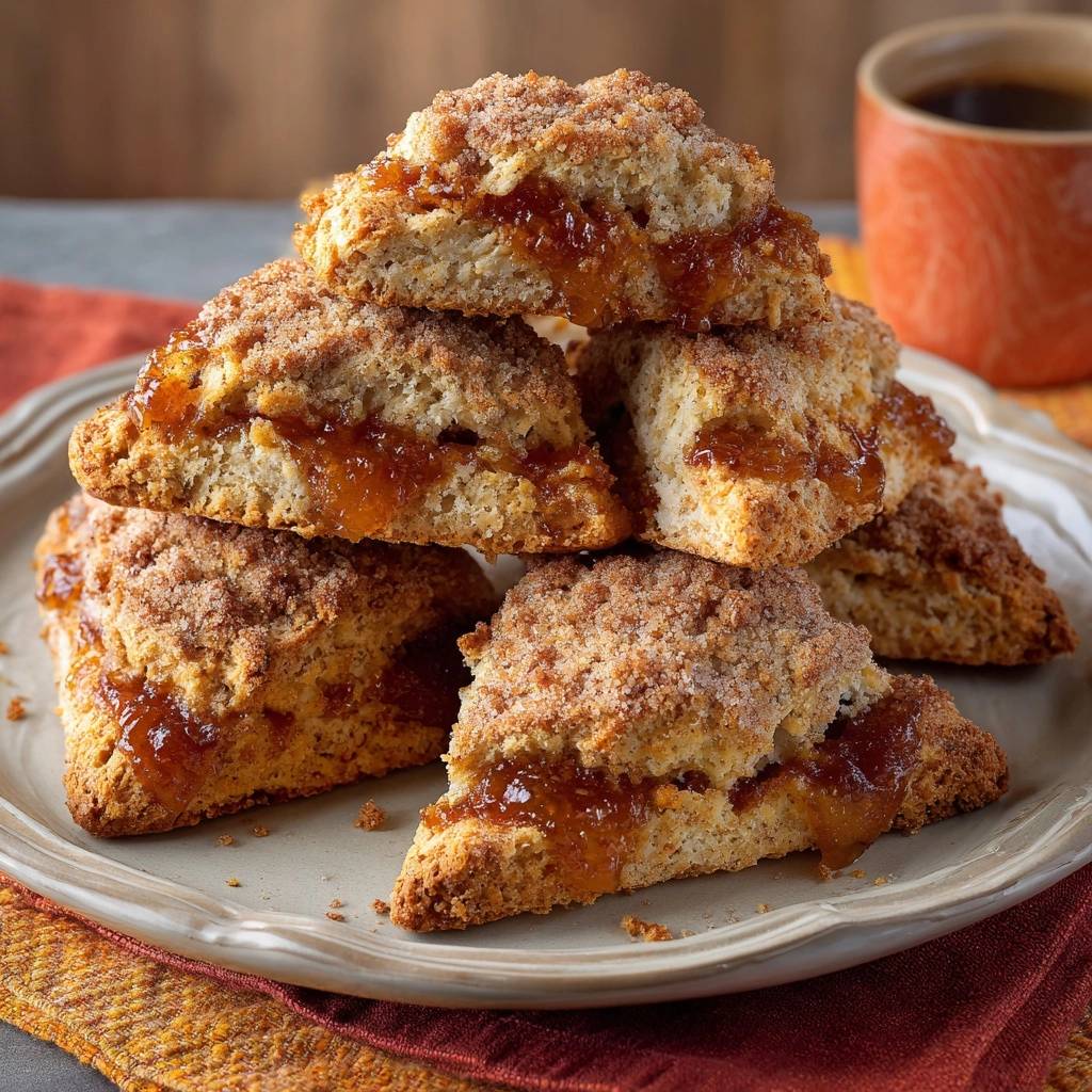 Aprikosen-Zimt-Scones, gestapelt auf einem Teller mit einem Becher Kaffee im Hintergrund, zeigen ihre saftige Füllung.