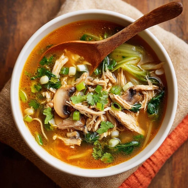 Asiatische Hühnersuppe mit Pak Choi und Pilzen, nah aufgenommen mit einem Holzloeffel in der Schüssel.