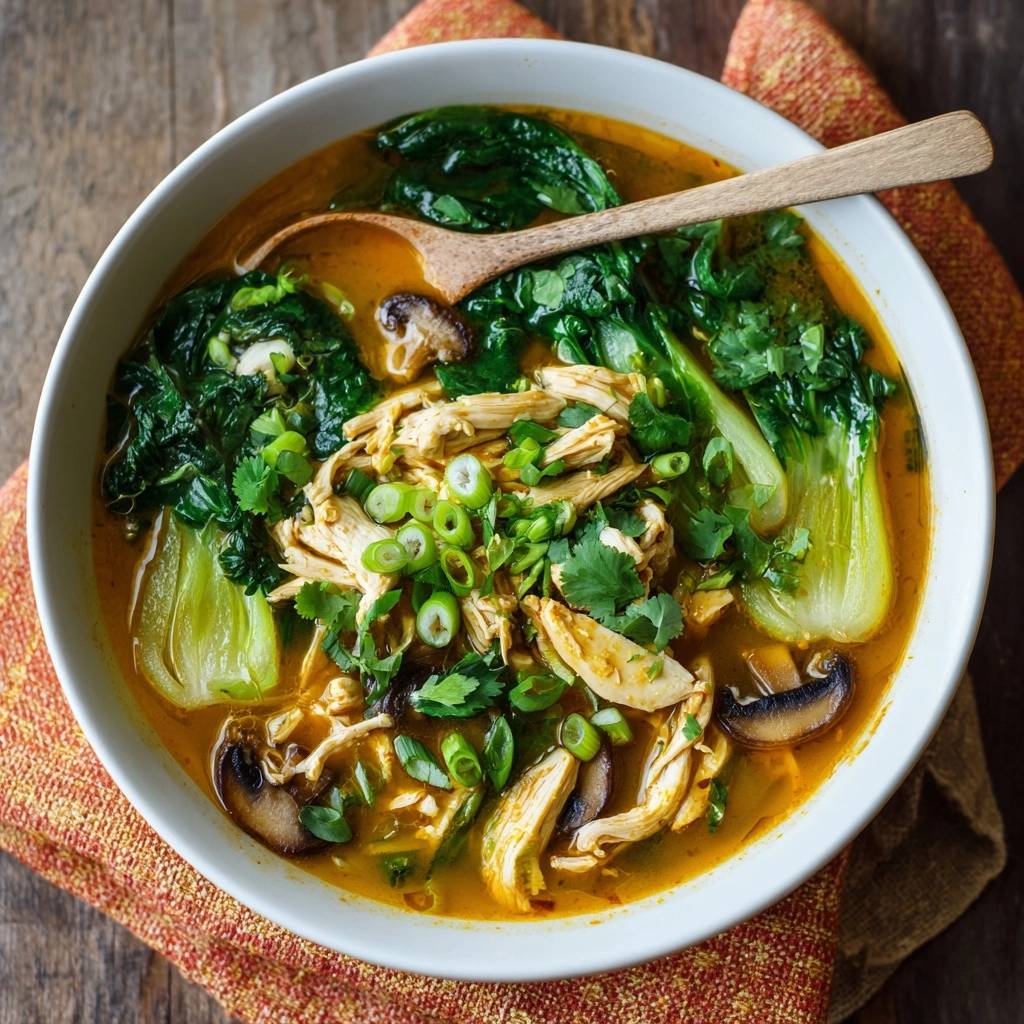 Asiatische Hühnersuppe mit Pak Choi und Pilzen, serviert in einer weißen Schüssel mit einem Holzlöffel und garniert mit Frühlingszwiebeln.