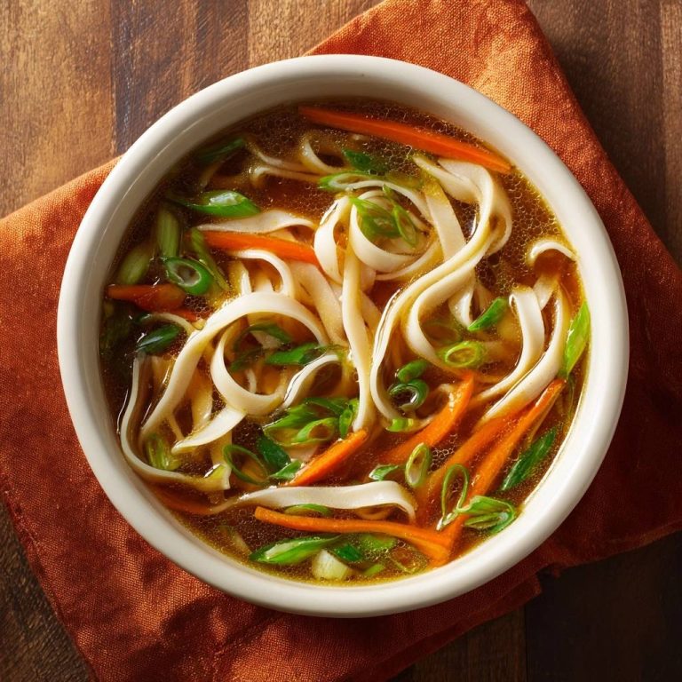 Asiatische Nudelsuppe mit Karotten und Frühlingszwiebeln, eine Nahaufnahme, die die Nudeln und Gemüse im Sud zeigt.