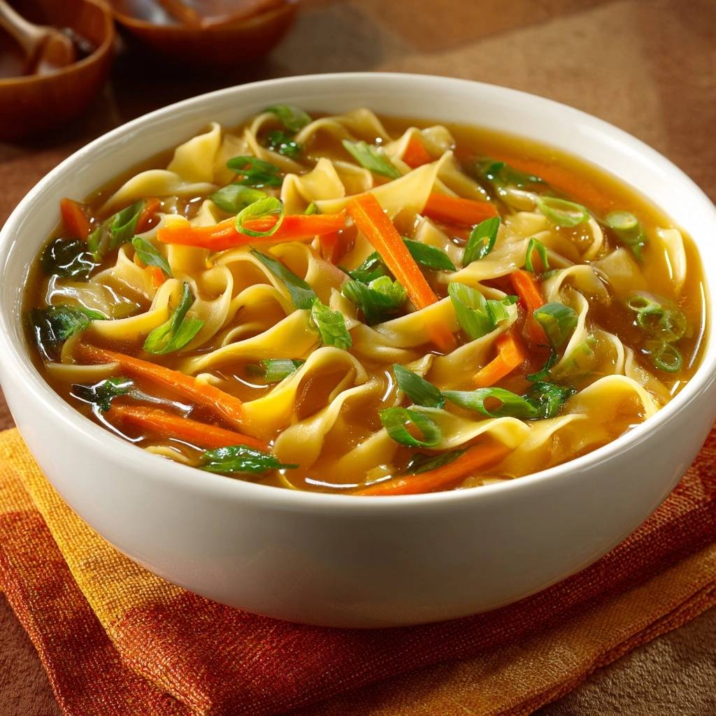 Asiatische Nudelsuppe mit Karotten und Frühlingszwiebeln, in einer weißen Schüssel auf einem bunten Tuch serviert.