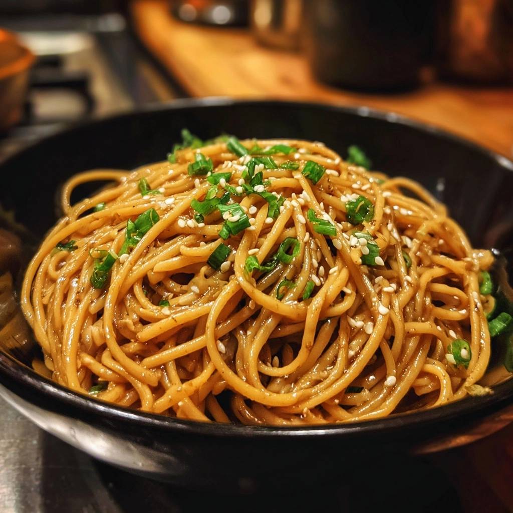 Asiatische Sesam-Nudeln, garniert mit Frühlingszwiebeln und Sesam, in einer schwarzen Schüssel serviert.