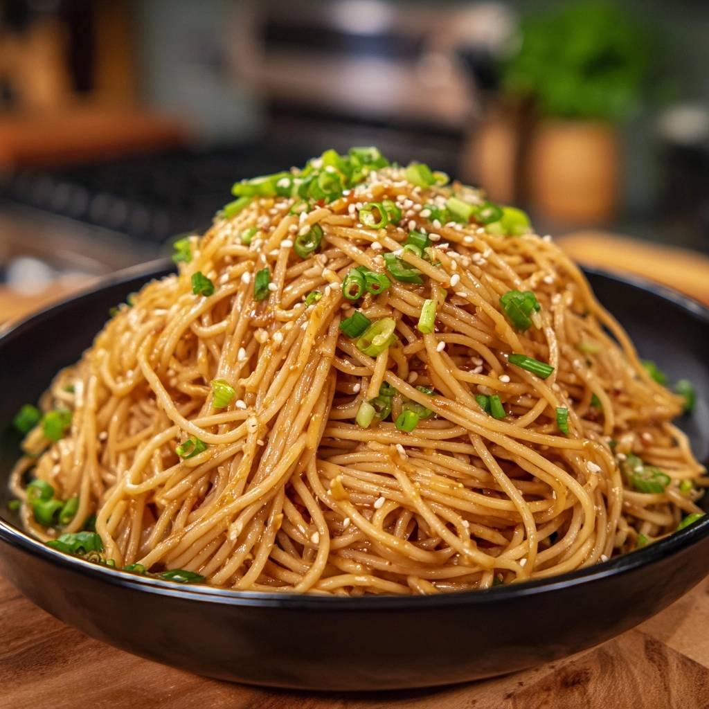 Asiatische Sesam-Nudeln, serviert in einer schwarzen Schüssel und garniert mit Frühlingszwiebeln und Sesam