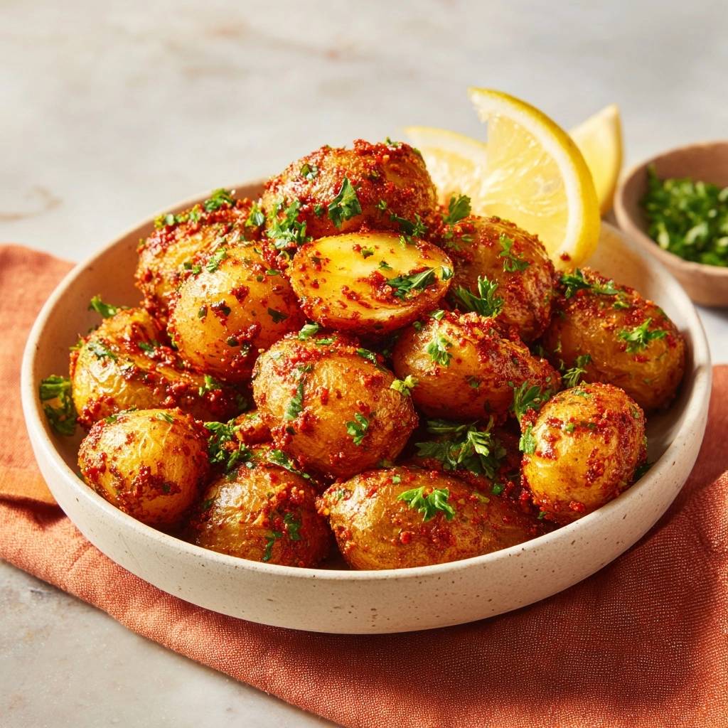 Würzige Babykartoffeln Masala, detailnah mit frischer Petersilie und Gewürzen garniert, serviert in einer Schüssel.