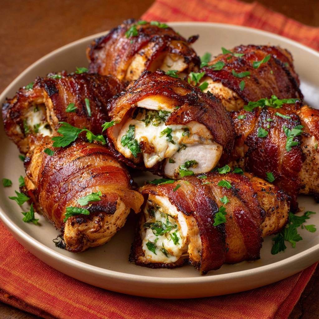Bacon-gewickelte Hähnchen-Röllchen mit Blauschimmel-Spinat-Füllung, angeschnitten, um die cremige Füllung und das saftige Hähnchen zu zeigen.