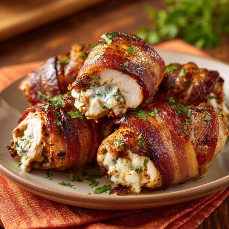 Bacon-gewickelte Hähnchen-Röllchen mit Blauschimmel-Spinat-Füllung, angeschnitten mit sichtbarer Füllung auf einem Teller serviert.