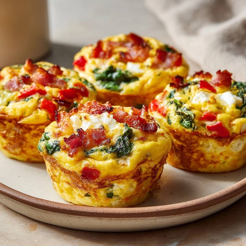 Bacon-Spinat-Feta-Paprika-Ei-Muffins als Nahaufnahme auf einem Teller mit einem detaillierten Blick auf die Zutaten.