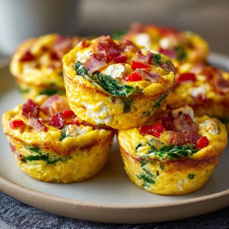 Bacon-Spinat-Feta-Paprika-Ei-Muffins, eine Nahaufnahme der gestapelten herzhaften Frühstücksmuffins mit sichtbaren Zutaten.