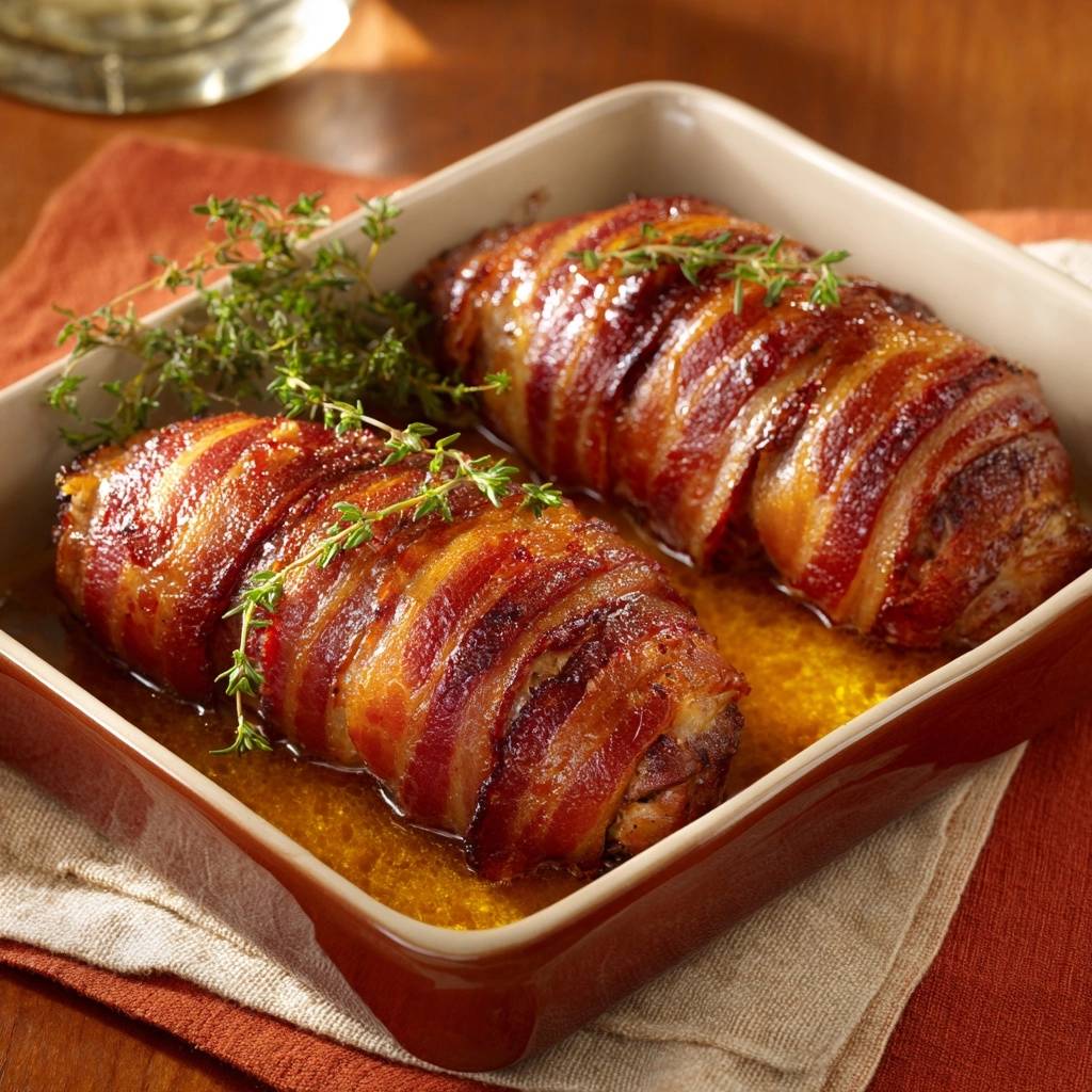 Bacon-umwickeltes Rinderfilet mit Thymian-Glaze in einer Auflaufform, mit frischem Thymian garniert.