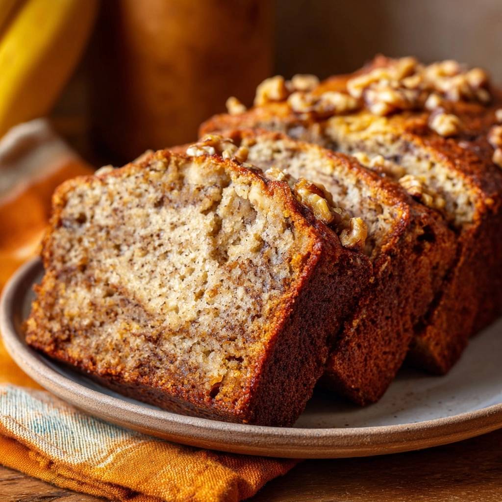 Saftiges Bananen-Walnuss-Brot angeschnitten auf einem Teller, mit Walnüssen garniert und Nahaufnahme der Textur.