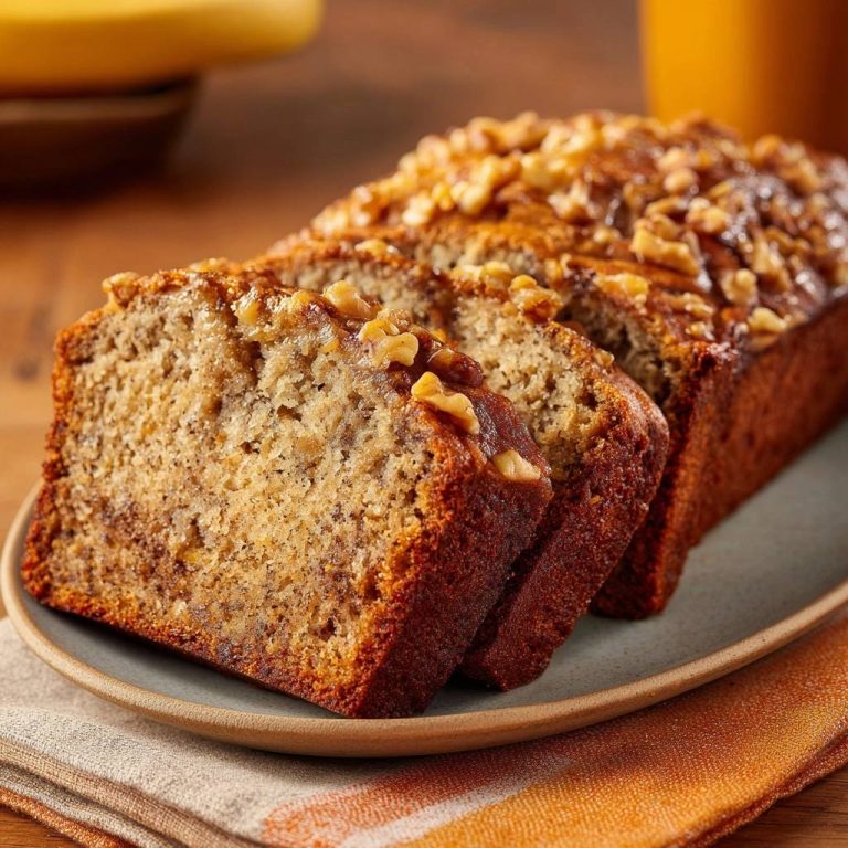 Saftiges Bananen-Walnuss-Brot angeschnitten mit Walnusstop auf einem Teller, Nahaufnahme der Scheiben