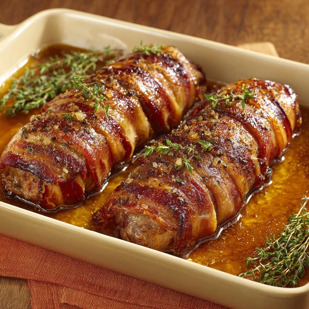 Bacon-umwickeltes Rinderfilet mit Thymian-Glaze in einer beige Auflaufform, mit frischem Thymian garniert