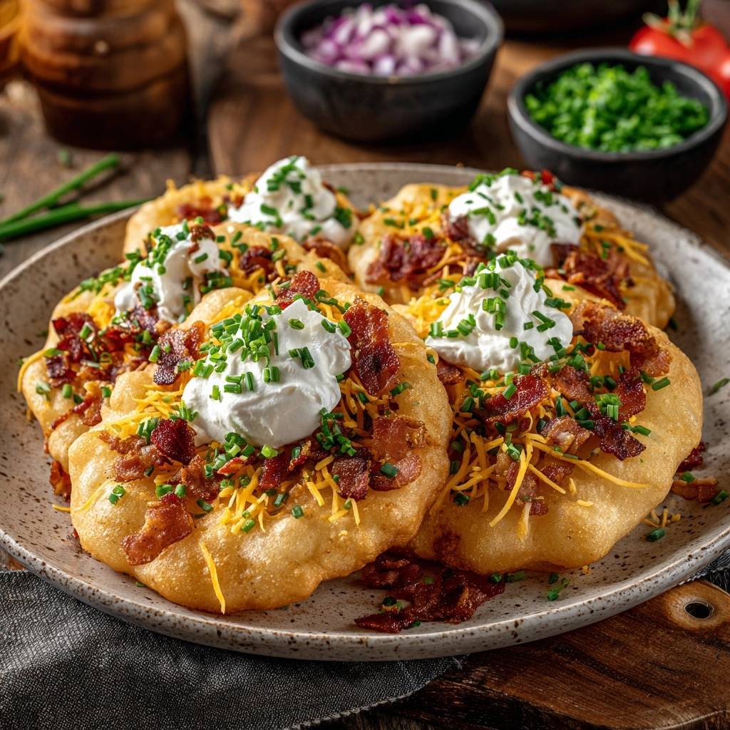 Beladene knusprige Kartoffelpuffer mit Speck, Käse, Sauerrahm und Schnittlauch garniert, nahaufnahme auf einem Teller.