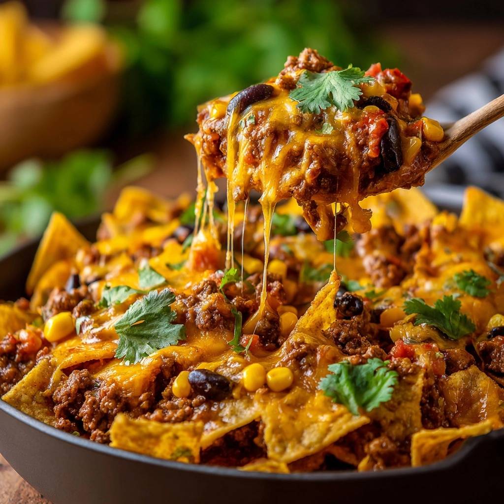 Beladene Rindfleisch-Nachos mit geschmolzenem Käse, detailreiche Nahaufnahme von einem Löffel voller Nachos.