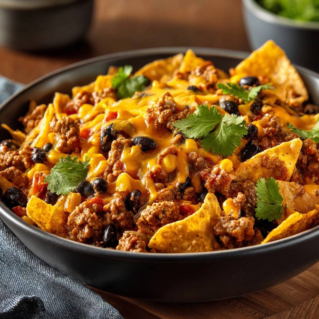 Beladene Rindfleisch-Nachos mit geschmolzenem Käse, Bohnen und Koriander in einer Schüssel, Nahaufnahme.