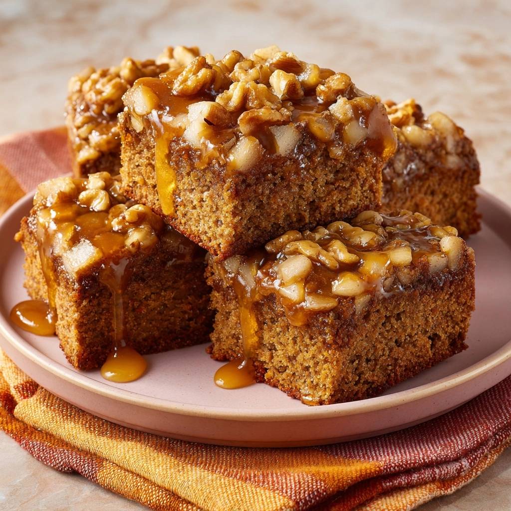 Birnen-Walnuss-Karamellkuchen mit saftigen Birnenstücken und Walnüssen, überzogen mit glänzendem Karamell.