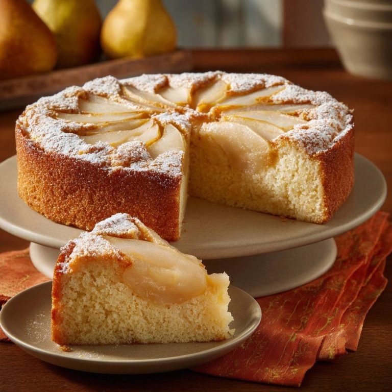 Saftiger Birnenkuchen angeschnitten mit einer Scheibe auf einem Teller und Birnen im Hintergrund