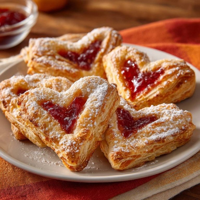 Blätterteig-Marmeladenherzen mit Puderzucker bestäubt, nahaufnahme der herzförmigen Gebäckstücke mit Marmeladenfüllung.