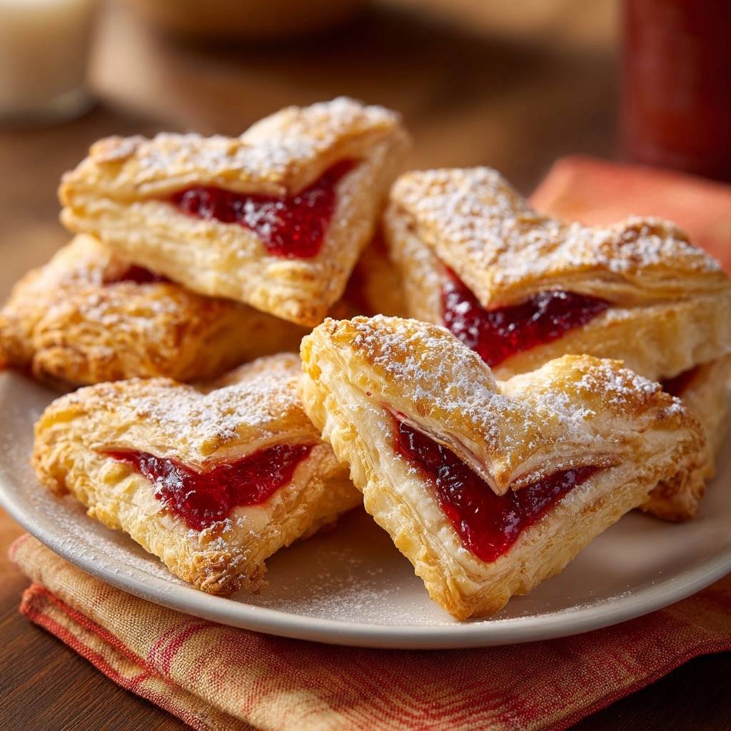 Blätterteig-Marmeladenherzen im Anschnitt, die die fruchtige Marmeladenfüllung und die fluffigen Teigschichten zeigen.