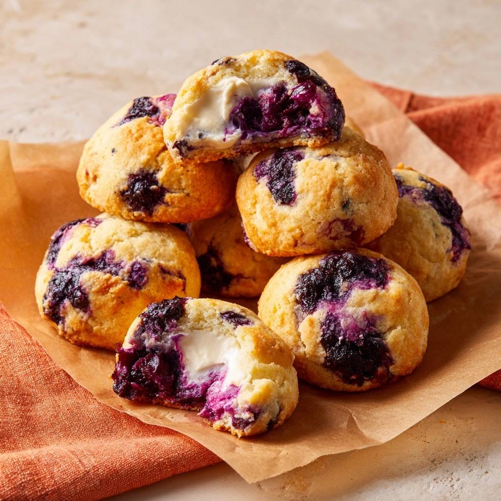 Blaubeer-Cheesecake-Cookies angeschnitten mit cremigem Käsefüllung und Blaubeeren, die ein saftiges Inneres offenbaren.