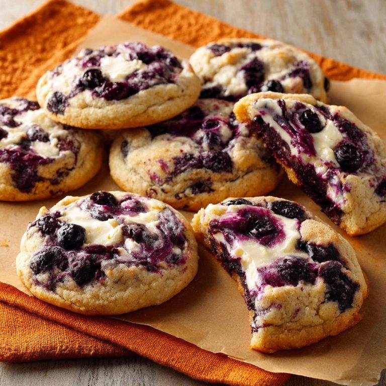 Blaubeer-Cheesecake-Cookies angeschnitten, die zeigen die cremige Käsemasse und Blaubeeren im Inneren der Kekse.