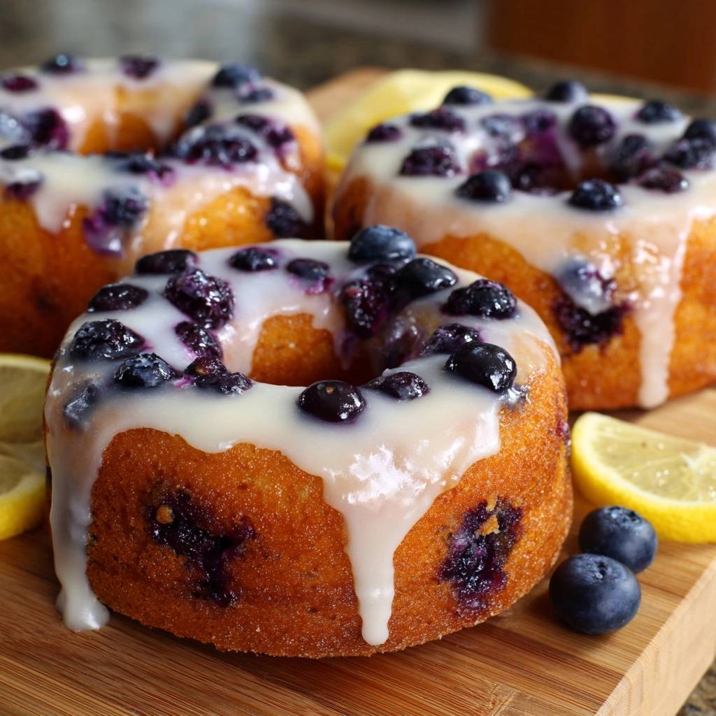 Blaubeer-Zitronen-Donuts mit dicker weißer Glasur und frischen Beeren, nahaufnahme der Textur