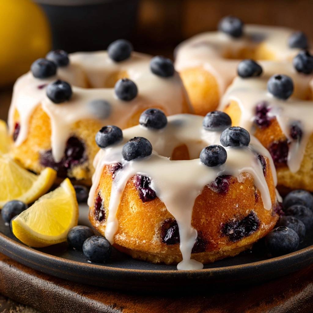 Blaubeer-Zitronen-Donuts, garniert mit frischen Beeren und glatter Zitronenglasur, auf einem Teller mit Zitronenspalten.