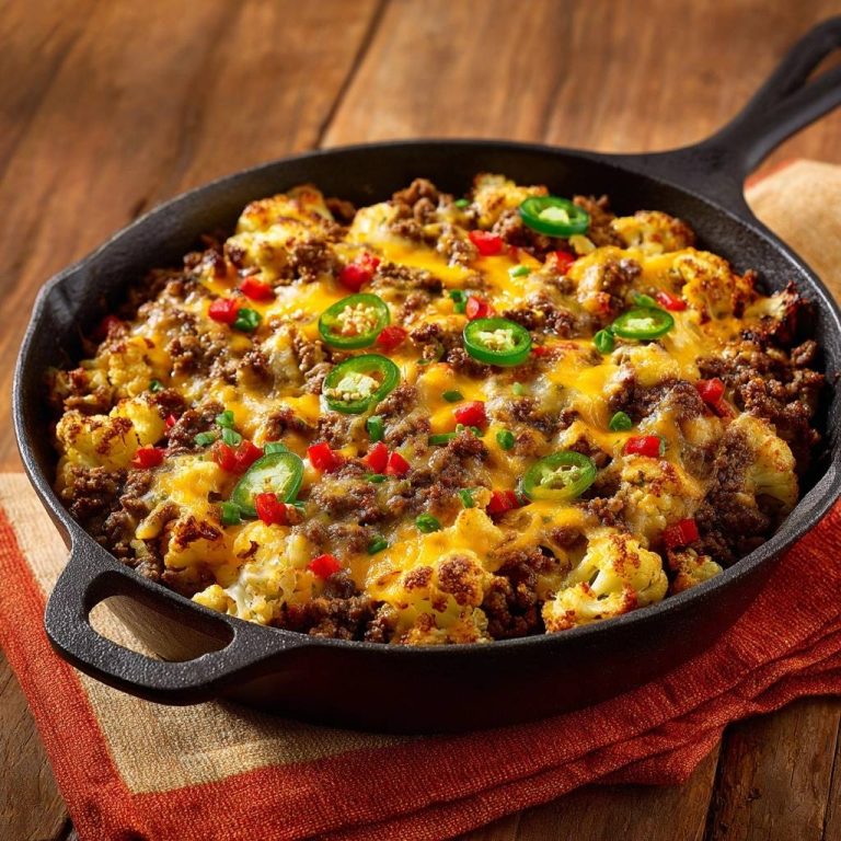 Knuspriger Blumenkohl-Hack-Pfanne, in der Pfanne mit Jalapeños und roten Chilis garniert, auf einem Holztisch serviert.