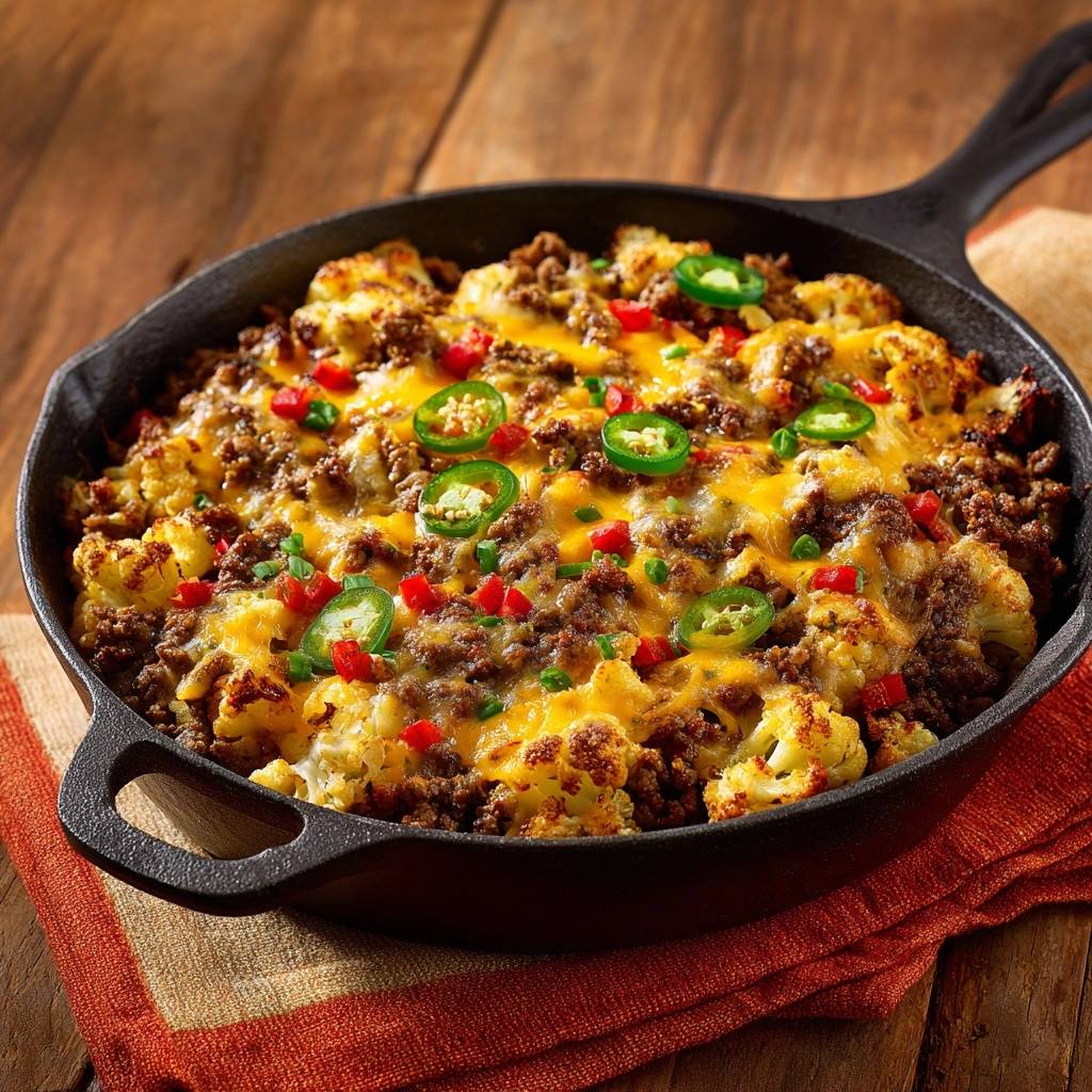 Knuspriger Blumenkohl-Hack-Pfanne, in der Pfanne mit Jalapeños und roten Chilis garniert, auf einem Holztisch serviert.