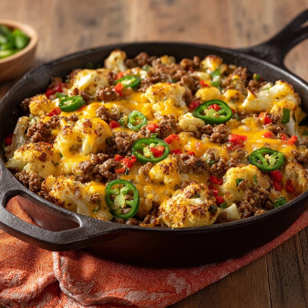 Knuspriger Blumenkohl-Hack-Pfanne in Gusseisen serviert mit Jalapeños und geschmolzenem Käse.